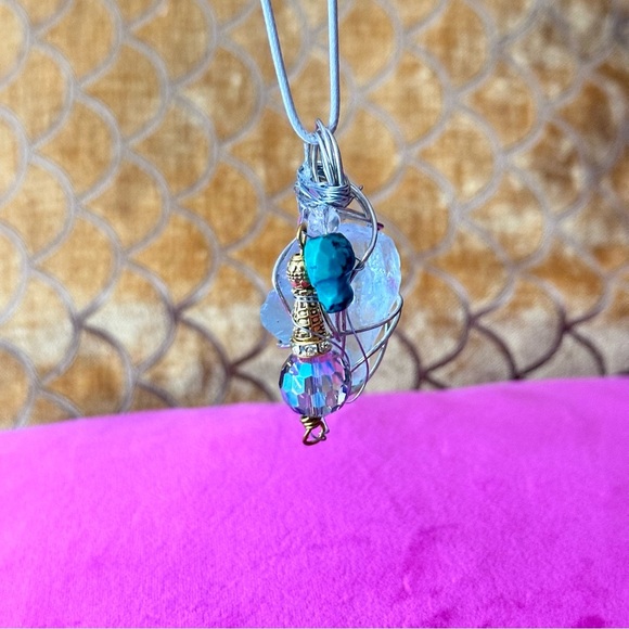 Blue Sea Beach Glass Pendant Beaded Accent Artisan Silver Wire-Wrapped Necklace - Picture 8 of 11